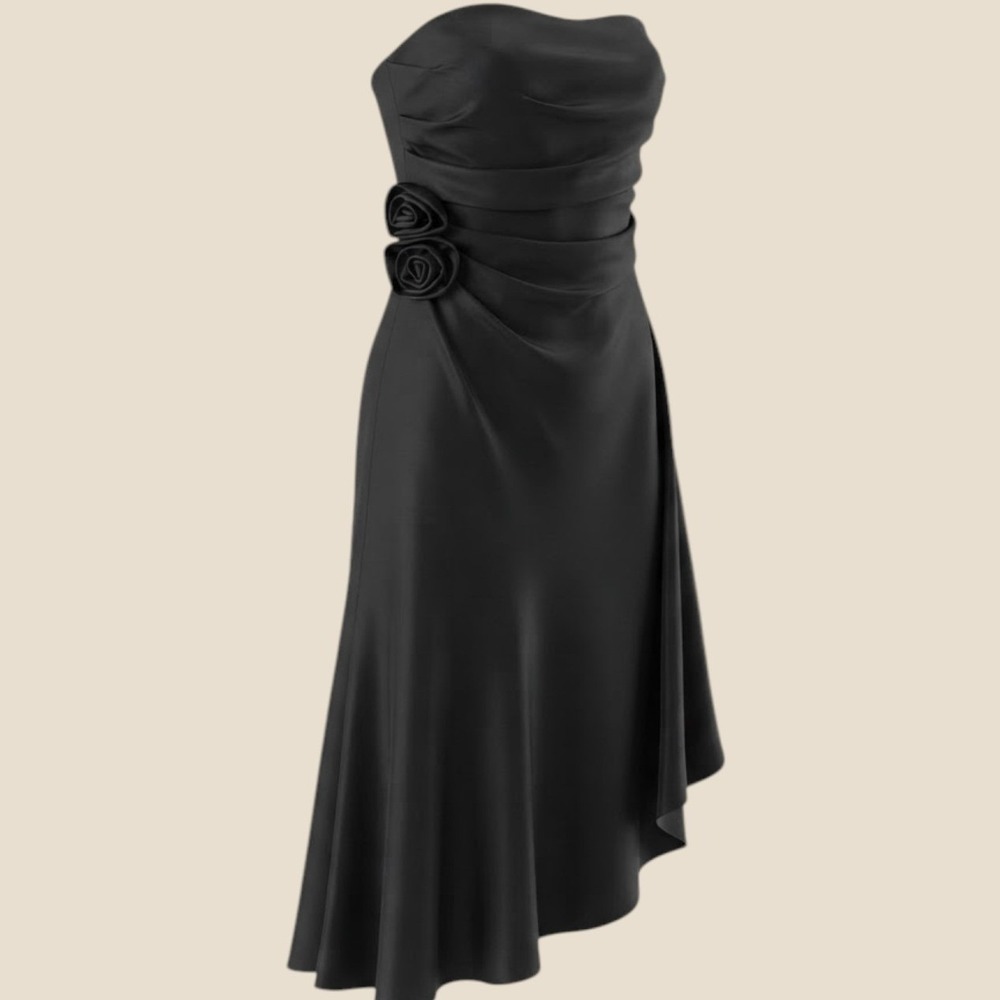 Banana Republic Black 100% Silk Strapless Rosette Asymmetrical Cocktail Dress 12
